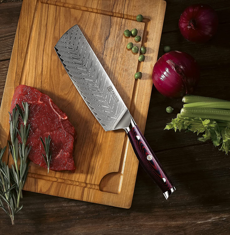 Image of PAUDIN Damascus Nakiri Knife - 7 Inch Ultra Sharp VG10 Vegetable Knife, Beautiful Plume Pattern Kitchen Knife with Ergonomic G10 Handle, Superb Edge Retention