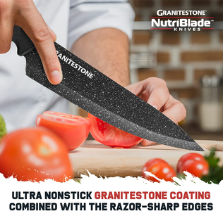 Nutriblade 6 PC Knife Set by Granitestone, Professional Kitchen Chef’S Knives with Ultra Sharp Stainless Steel Blades and Nonstick Granite Coating, Easy-Grip Handle, Rust-Proof, Dishwasher-Safe, Black