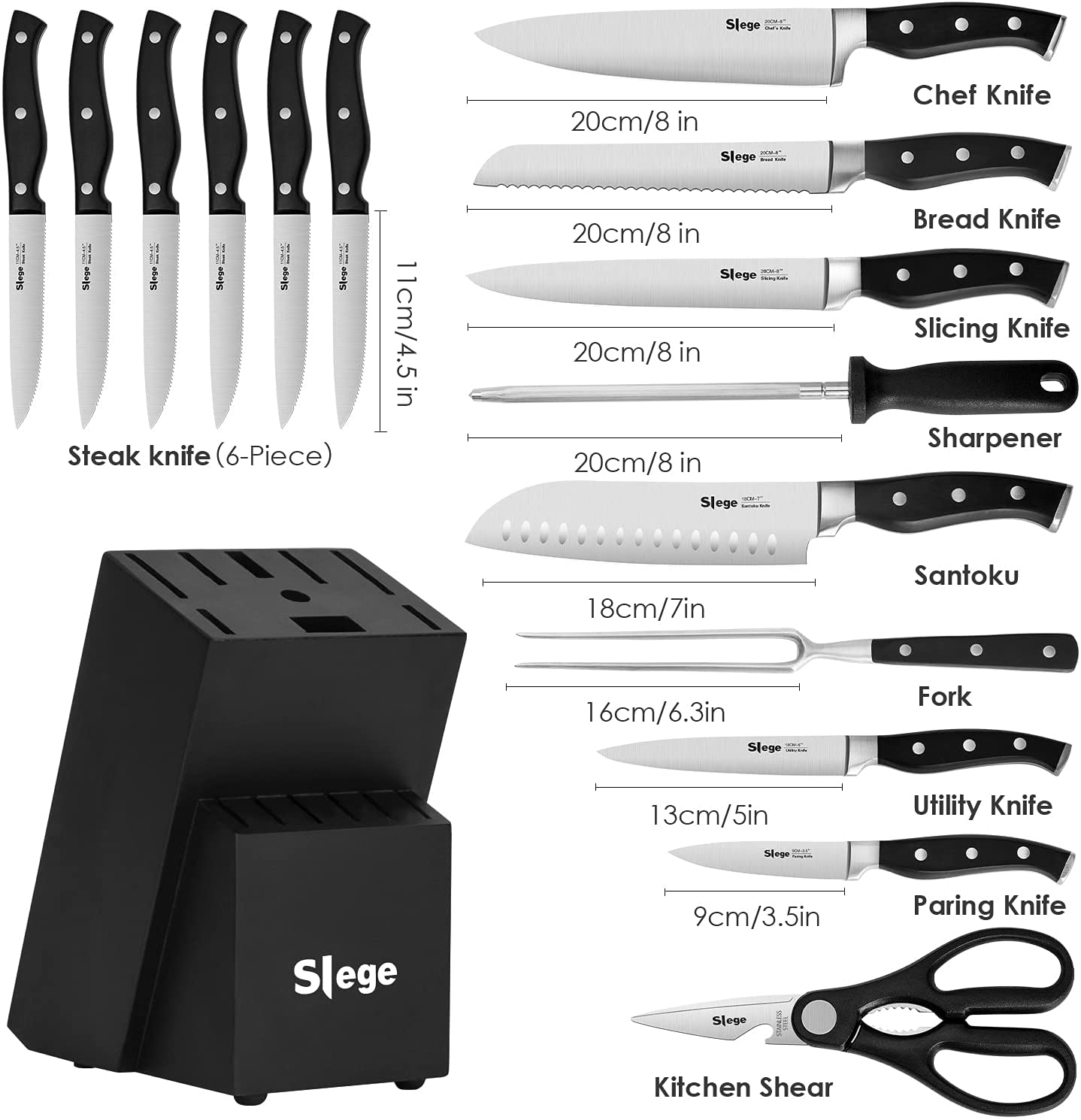 Knife Set, 16-Piece Kitchen Knife Set with Block Wooden, Manual Sharpening for Black Chef Knife Set with Carving Fork, German Stainless Steel Knife Block Set by Slege