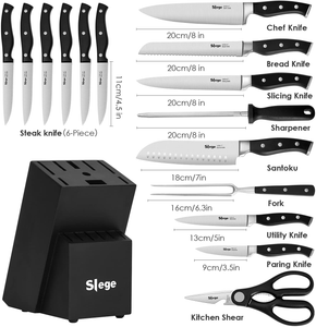 Knife Set, 16-Piece Kitchen Knife Set with Block Wooden, Manual Sharpening for Black Chef Knife Set with Carving Fork, German Stainless Steel Knife Block Set by Slege