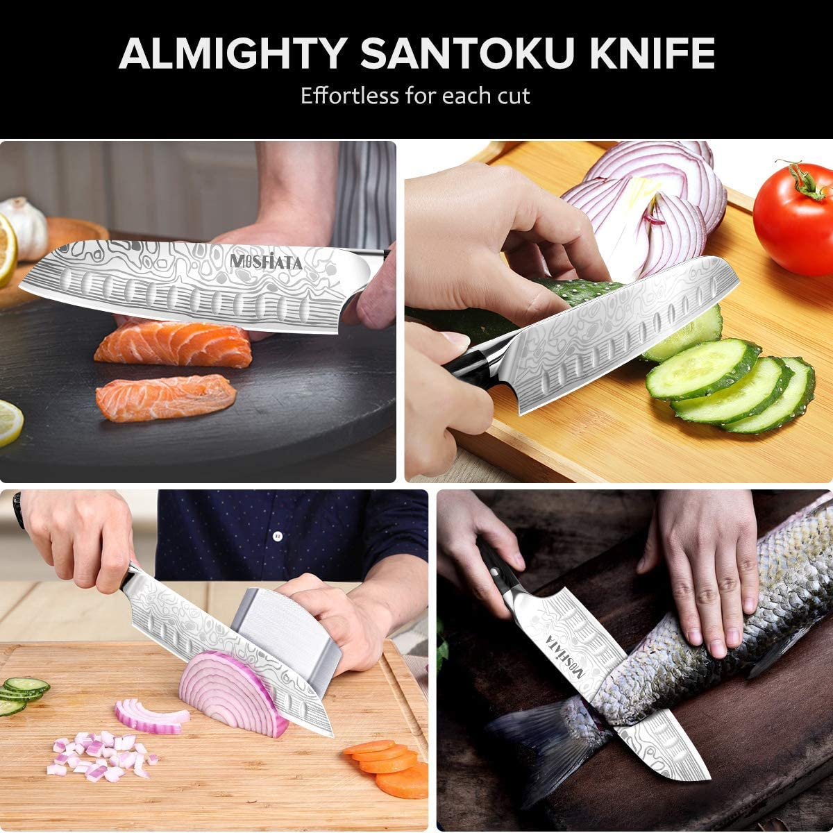 Mosfiata 7" Santoku Knife Chef Cutting Knife for Cooking with Finger Guard and Knife Sharpener, German High Carbon Stainless Steel EN.4116 Kitchen Chopping Knife with Micarta Handle and Gift Box