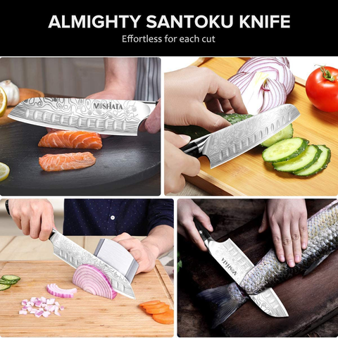 Image of Mosfiata 7" Santoku Knife Chef Cutting Knife for Cooking with Finger Guard and Knife Sharpener, German High Carbon Stainless Steel EN.4116 Kitchen Chopping Knife with Micarta Handle and Gift Box