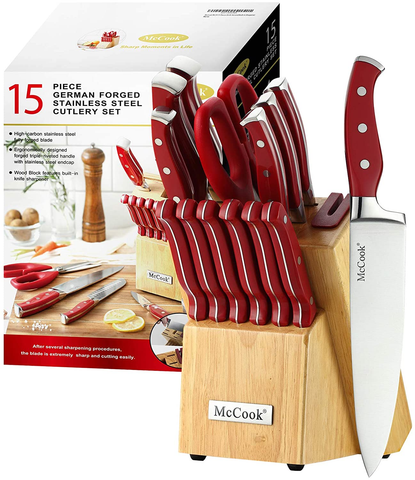 Image of Mccook MC24 15 Pieces Stainless Steel Kitchen Knife Sets with Wooden Block, Kitchen Scissors and Built-In Sharpener, Red
