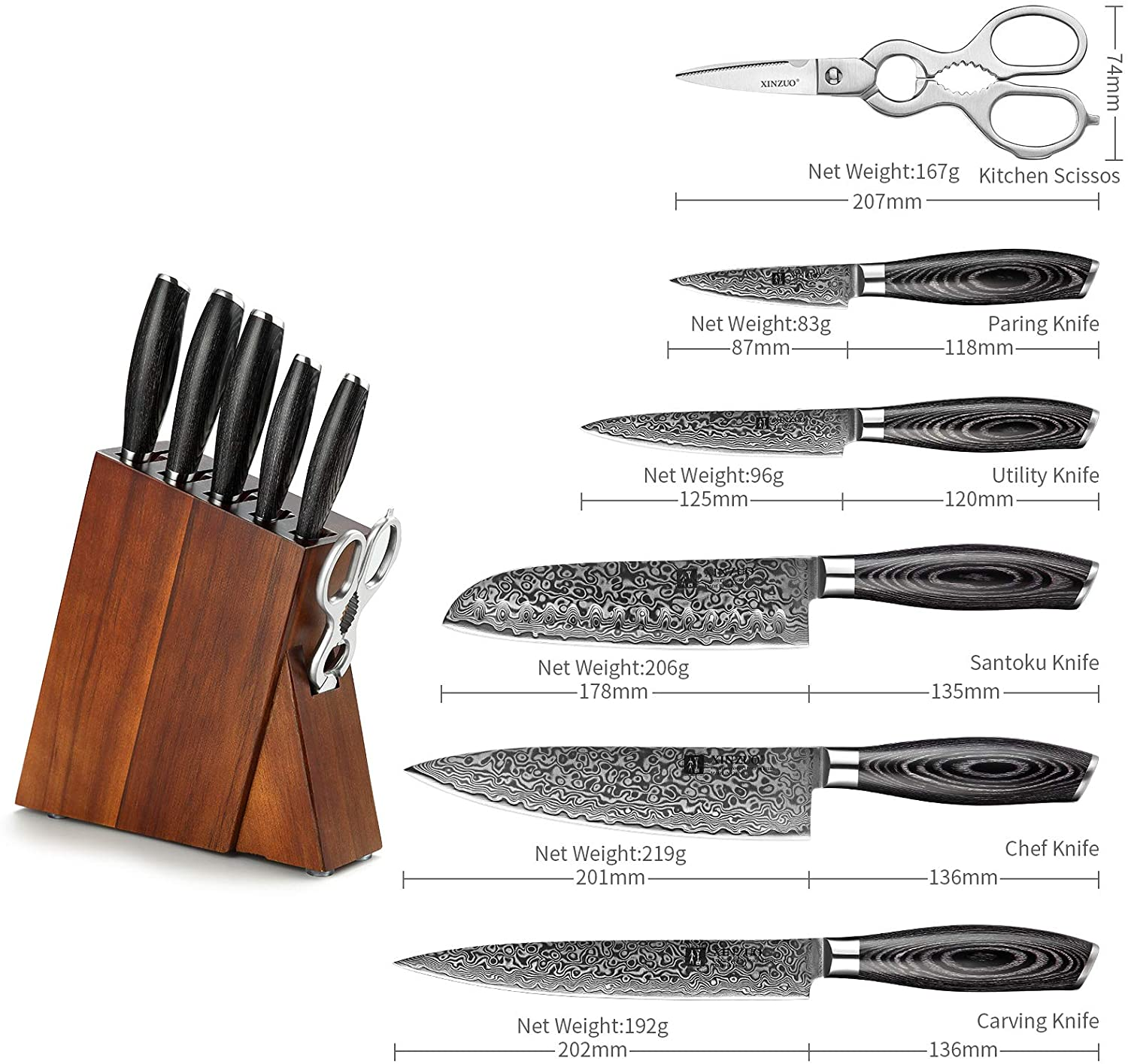 XINZUO 7PC Damascus Steel Knife Block Sets, Professional High Carbon Steel Chef Knife Santoku Slicing Utility Fruit Knife with Multifunctional Kitchen Shears,Ergonomic Pakkawood Handle - Ya Series