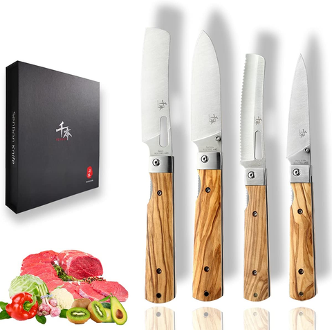 Image of Senbon 440A Stainless Steel Gift Wrapped 4 Piece Set Sharp Pocket Folding Japanese Chef Knife Universal Peeling Knife Bread Knife Combination Set Portable Kitchen Knives with Natural Olive Handle.