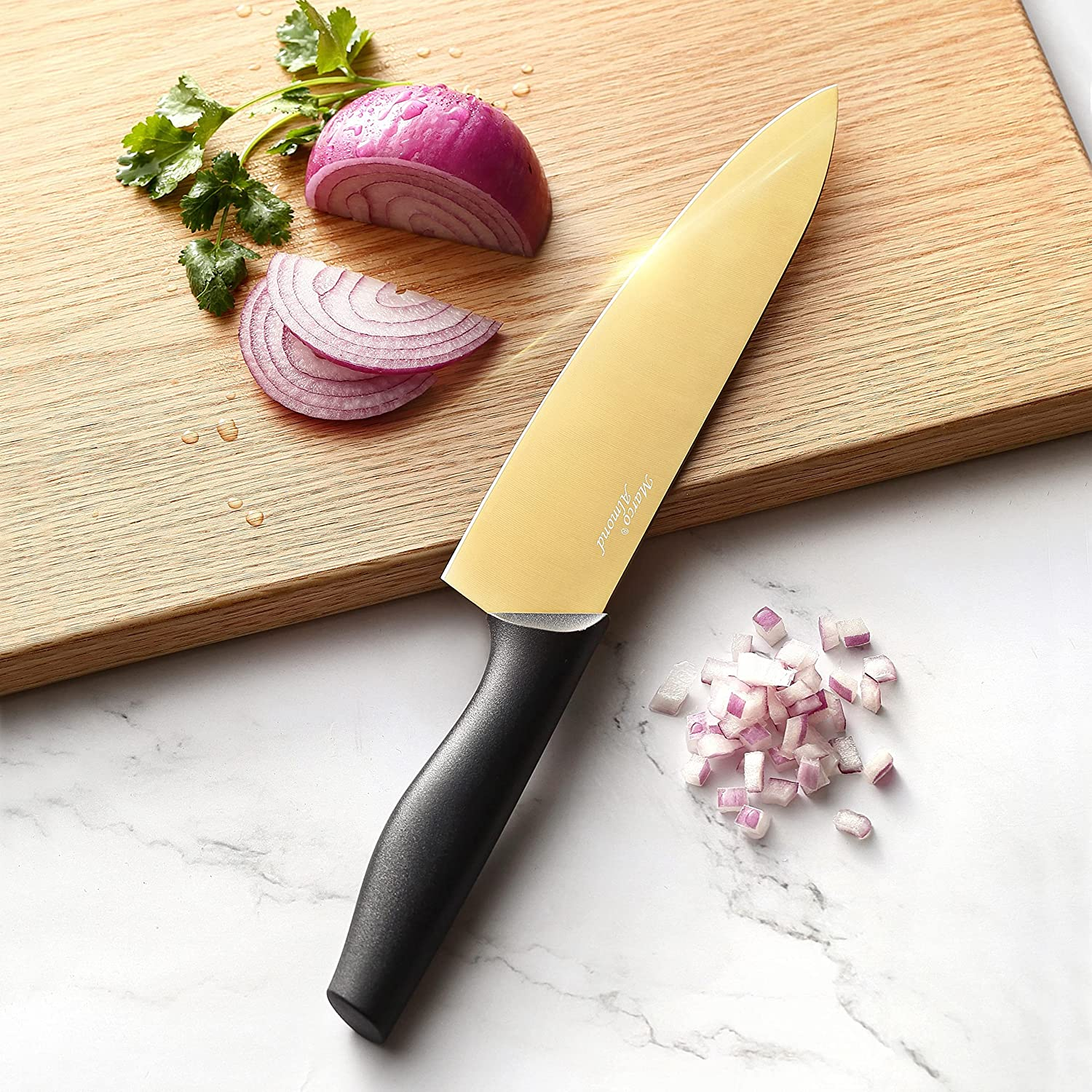 Marco Almond Golden Titanium Knife Set with Acrylic Stand, Kitchen Knives Set with Block, Scissor,Santoku Knife,6 Golden Steak Knives Cutlery Gold Knife Set,14Piece Set,Black Handle