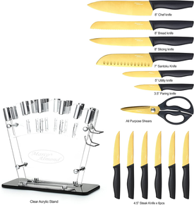 Marco Almond Golden Titanium Knife Set with Acrylic Stand, Kitchen Knives Set with Block, Scissor,Santoku Knife,6 Golden Steak Knives Cutlery Gold Knife Set,14Piece Set,Black Handle