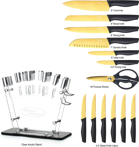 Image of Marco Almond Golden Titanium Knife Set with Acrylic Stand, Kitchen Knives Set with Block, Scissor,Santoku Knife,6 Golden Steak Knives Cutlery Gold Knife Set,14Piece Set,Black Handle