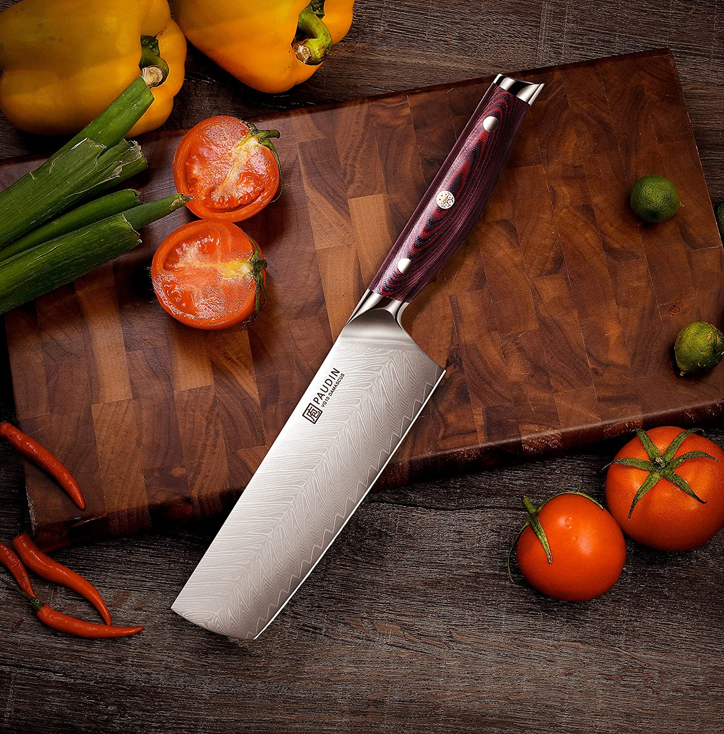 PAUDIN Damascus Nakiri Knife - 7 Inch Ultra Sharp VG10 Vegetable Knife, Beautiful Plume Pattern Kitchen Knife with Ergonomic G10 Handle, Superb Edge Retention