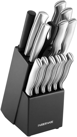 Image of Farberware Stamped 15-Piece High-Carbon Stainless Steel Knife Block Set, Steak Knives, Black