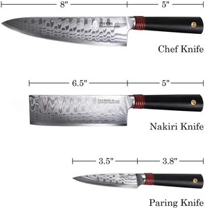 TUO Damascus Kitchen Knife Set 3 Piece, 8" Chef Knife, 6.5" Nakiri Knife and 3.5" Paring Knife, Japanese AUS-10 High Carbon Stainless Steel, Full Tang G10 Handle - Gift Box - Ring-D Series
