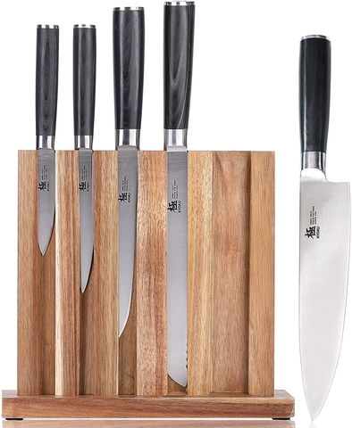 Image of KYOKU 5-Knife Set with Block, 8” Chef Knife + 8” Bread Knife + 6.5” Carving Knife + 5” Utility Knife + 3.5” Paring Knife – Premium Japanese Steel Cutlery Kitchen Knives Set with Wooden Block