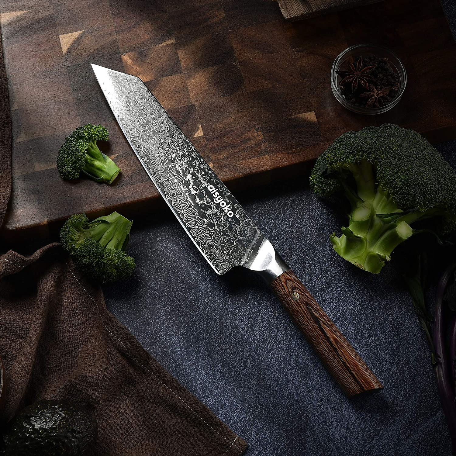 Aisyoko Chef Knife 8 Inch Damascus Japan VG-10 Super Stainless Steel Professional High Carbon Super Sharp Kitchen Cooking Knife, Ergonomic Color Wooden Handle Luxury Gift Box