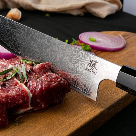 Image of KATSU Kiritsuke Chef Knife - Damascus - Japanese Kitchen Knife - 8-Inch - Handcrafted Octagonal Handle - Wood Sheath & Gift Box (Kritsuke Knife)