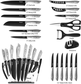 Keewah 19 Pieces Kitchen Knife Set, 15 Stainless Steel Knives with Wood Texture Handle, Acrylic Stand, Scissors, Peeler and Knife Sharpener