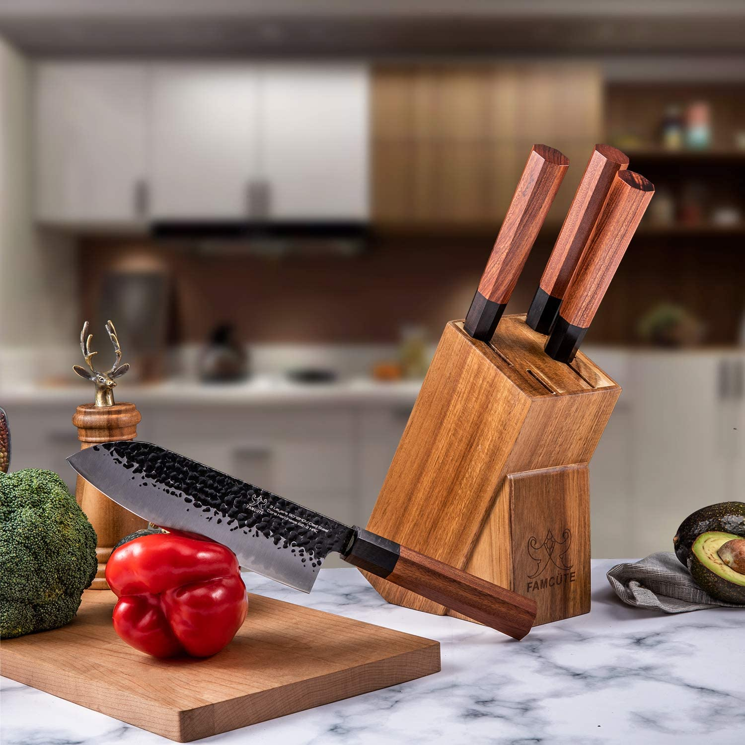 FAMCÜTE Japanese Chef Knife Set, 3 Layer 9CR18MOV Clad Steel W/Octagon Handle and Block Wooden Holder for 4Piece Kitchen Knife Set (8” Gyuto Knife, 7” Nakiri Knife, 7” Santoku Knife, 5” Utility Knife)