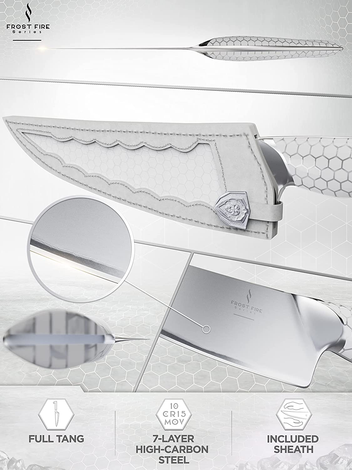 DALSTRONG Chef Knife - 8 Inch - Frost Fire Series - High-Chromium 10CR15MOV Stainless Steel Kitchen Knife - Sand Blasted Frosted Finish - White Honeycomb Handle - Sheath - NSF Certified