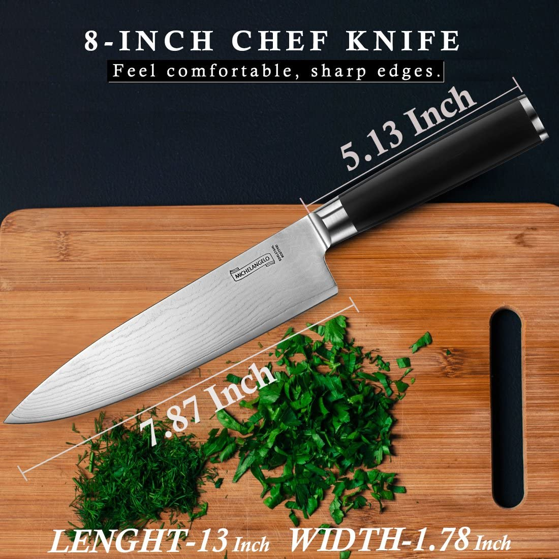 MICHELANGELO Professional Chef Knife 8 Inch Pro, German High Carbon Stainless Steel Knife with Ergonomic Handle, Japanese Knife, Chef Knife for Kitchen - 8 Inch, Etched Damascus Pattern