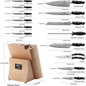 Kitchen Damascus Knife Set, 15-Piece Kitchen Knife Set with Block, ABS Ergonomic Handle for Chef Knife Set and Serrated Steak Knives Knife Sharpener and Kitchen Shears, Beechwood Block