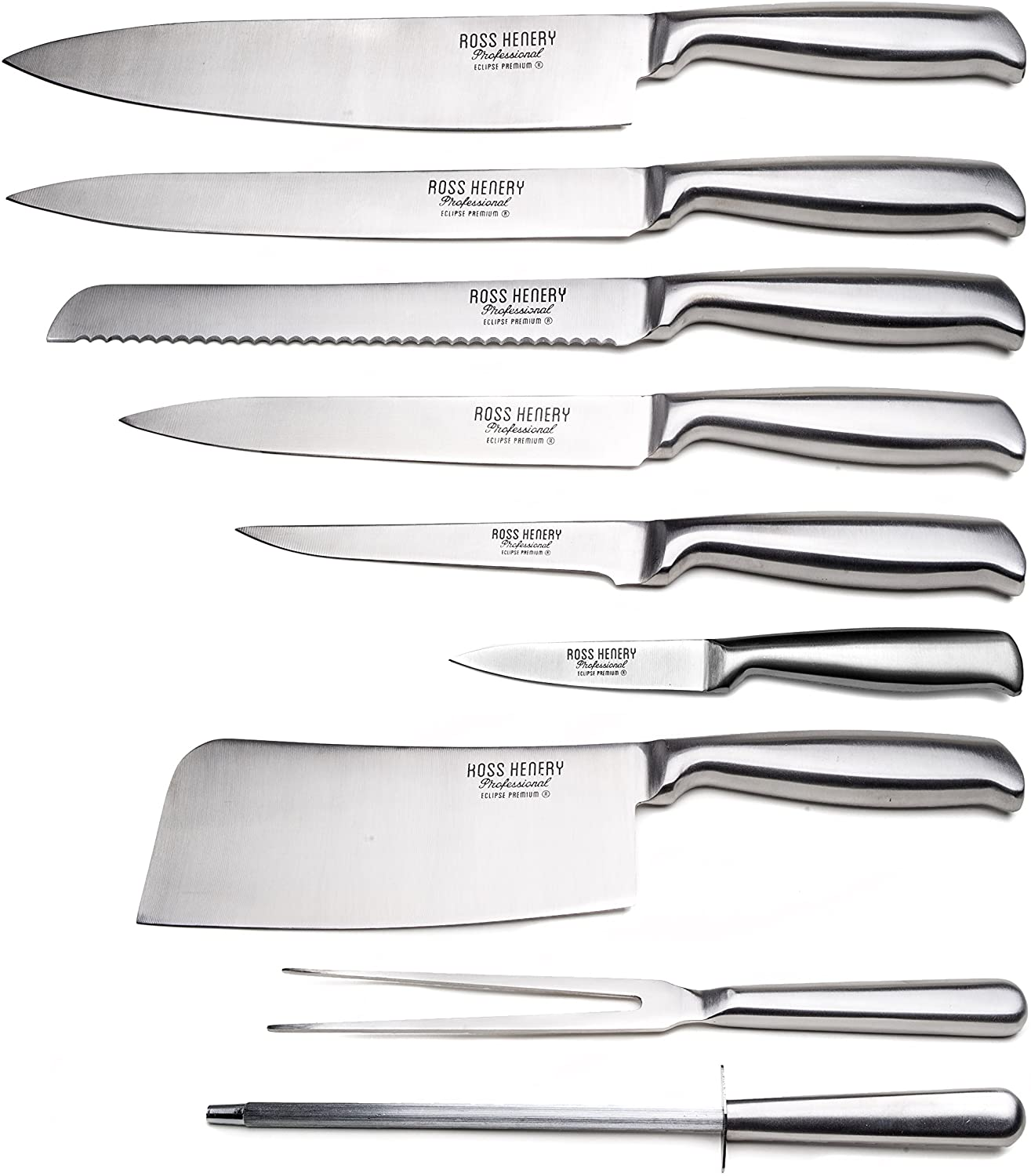Ross Henery Professional Knives, Eclipse Premium Stainless Steel 9 Piece Chefs / Kitchen Knife Set in Carry Case