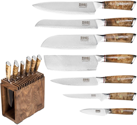 Knife Set Block - 8 Piece Chefs Knife Set - Damascus Steel VG10 Japanese Stainless Steel Home Kitchen Knife Set with Shadow Wood Handle&Unviersal Walnut Block