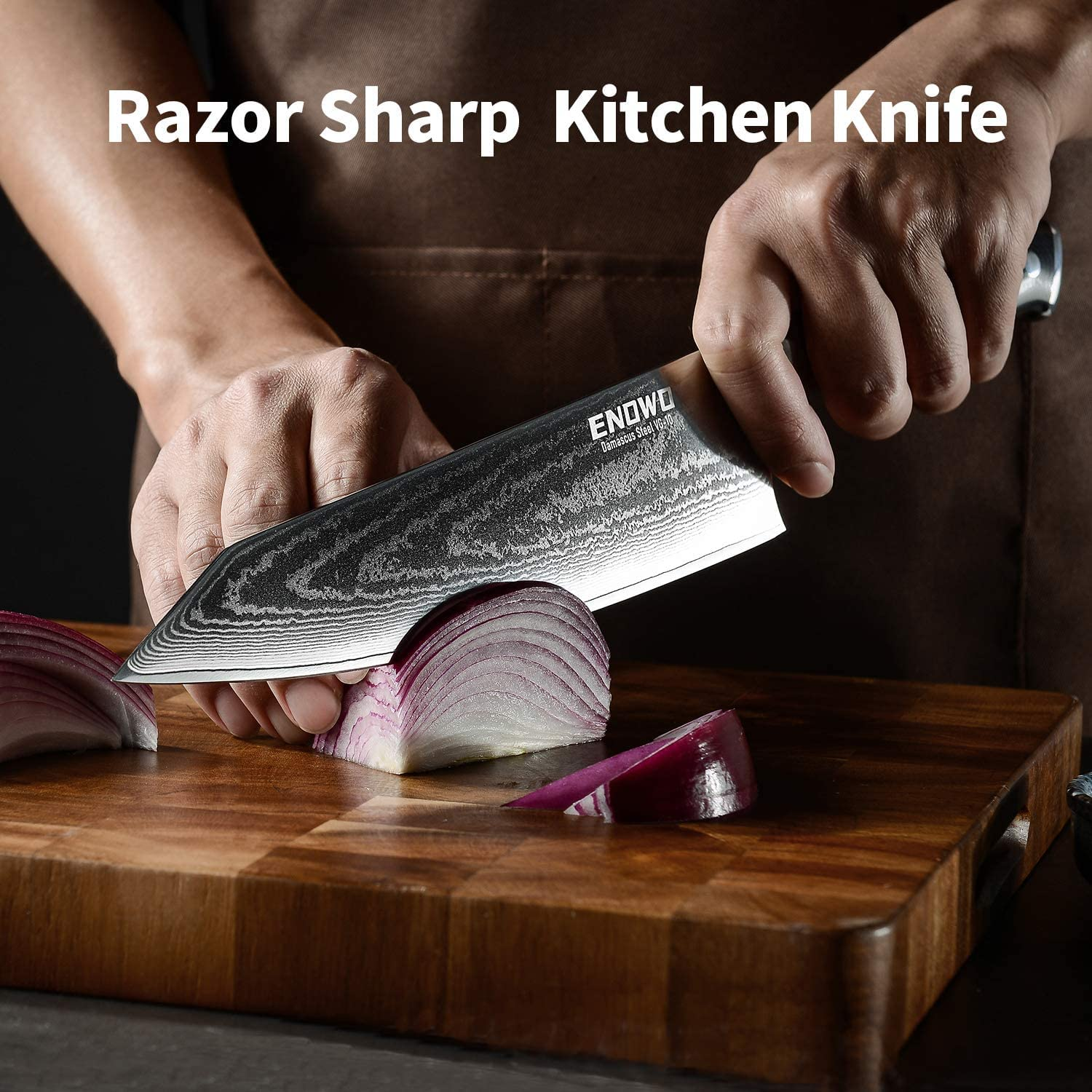 Enowo Damascus Chef Knife 8 Inch with Premium G10 Handle&Triple Rivet,Razor Sharp Kitchen Knife Japanese VG-10 Stainless Steel,Gift Box,Ergonomic,Superb Edge Retention, Stain & Corrosion Resistant