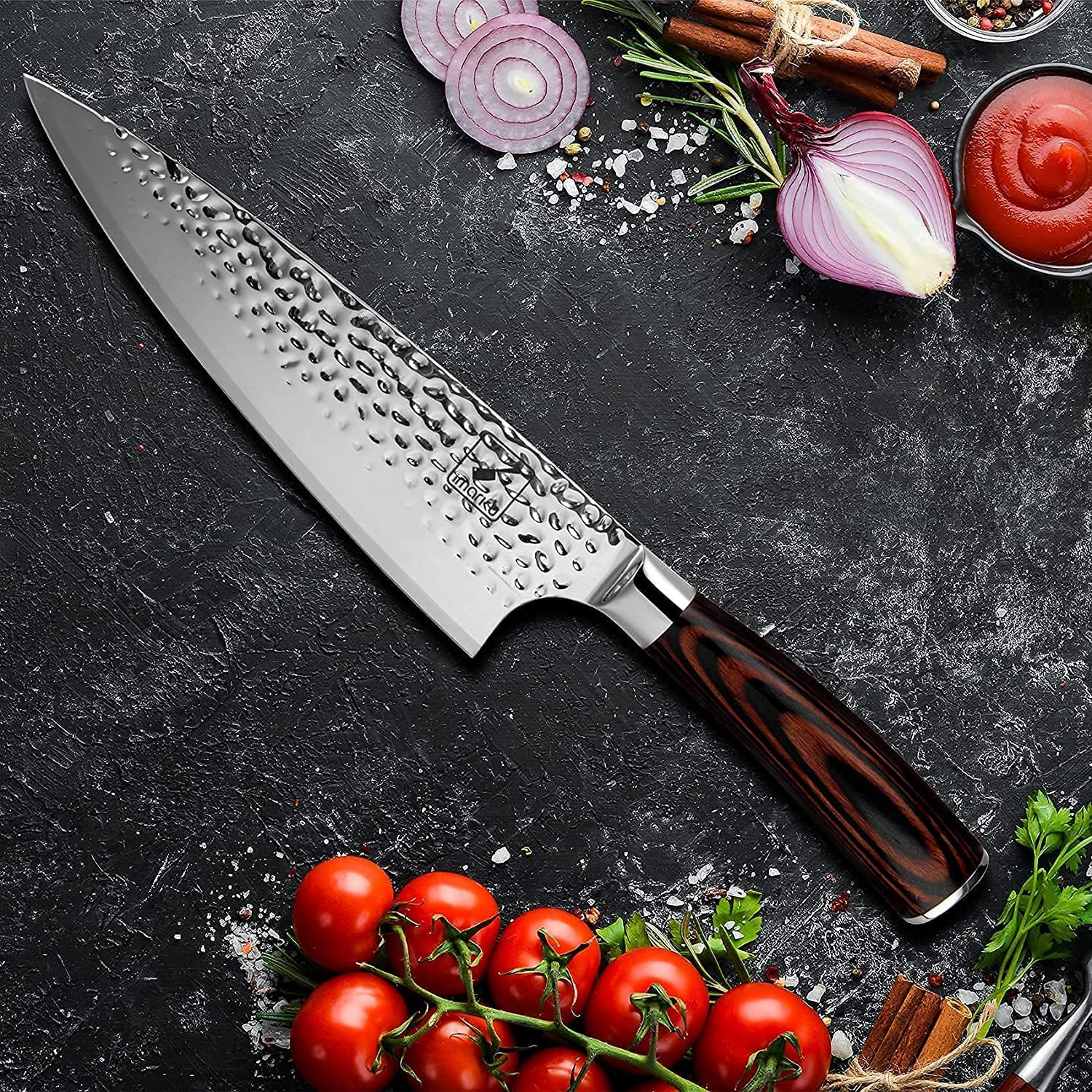 Chef Knife, Imarku 8 Inch Kitchen Knife Premium Sharp Cooking Knife HC German Stainless Steel Japanese Knife for Home Kitchen and Restaurant, Hand-Hammered, Ergonomic Handle, Gift Box