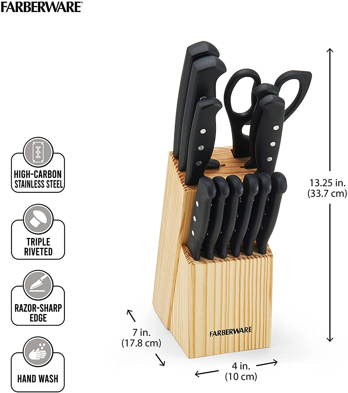 Farberware 22-Piece Never Needs Sharpening Triple Rivet High-Carbon Stainless Steel Knife Block and Kitchen Tool Set, Black