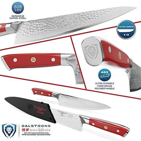 Image of DALSTRONG Chef Knife - 8 Inch - Shogun Series - Damascus - Japanese AUS-10V Super Steel Kitchen Knife - Red Handle - Razor Sharp Knife - W/Sheath