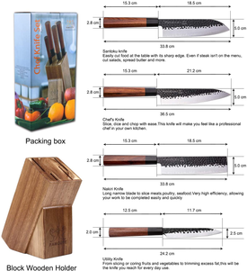 FAMCÜTE Japanese Chef Knife Set, 3 Layer 9CR18MOV Clad Steel W/Octagon Handle and Block Wooden Holder for 4Piece Kitchen Knife Set (8” Gyuto Knife, 7” Nakiri Knife, 7” Santoku Knife, 5” Utility Knife)