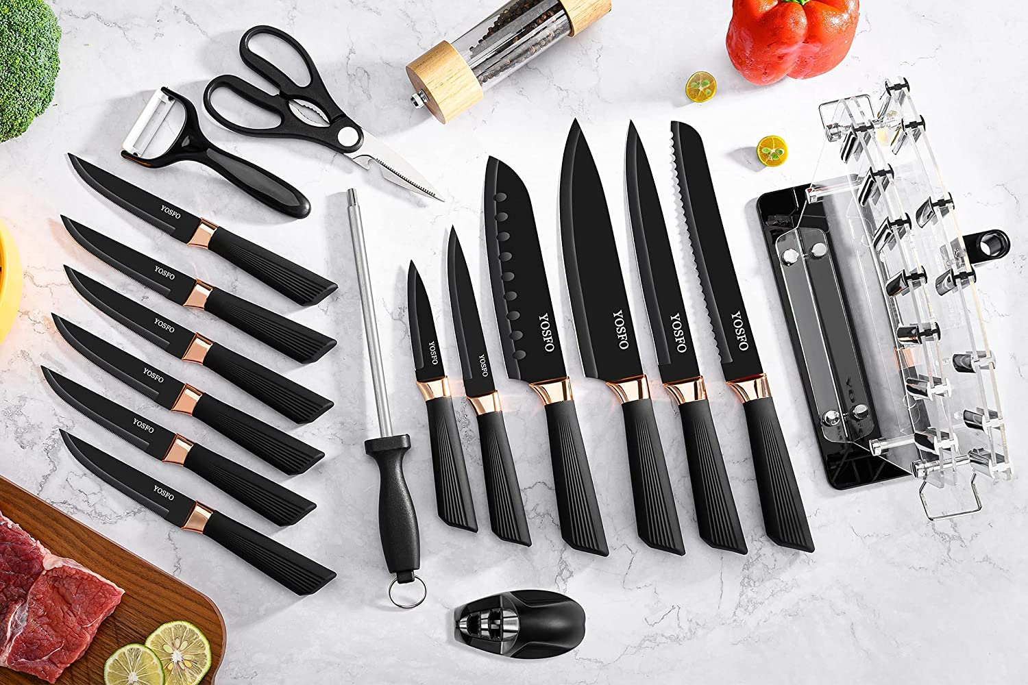 Kitchen Knife Set with Block, Knives Set with Acrylic Stand, 17Pcs Stainless Steel Knife Block Set Includes Serrated Steak Knives Set, Chef Santoku Knives, Scissor, Sharpener and Knife Holder