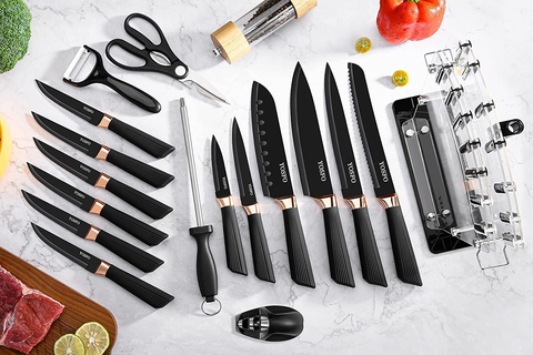 Image of Kitchen Knife Set with Block, Knives Set with Acrylic Stand, 17Pcs Stainless Steel Knife Block Set Includes Serrated Steak Knives Set, Chef Santoku Knives, Scissor, Sharpener and Knife Holder