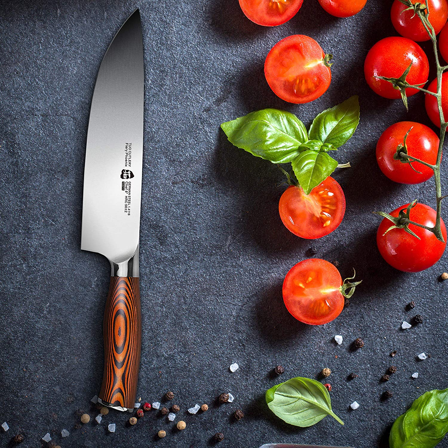 TUO Chef Knife Kitchen Knives Chef S Knife, High Carbon German Stainless Steel Cutlery Rust Resistant, Pakkawood Handle Luxurious Gift Box 8 Inch Chopper Fiery Phoenix Series