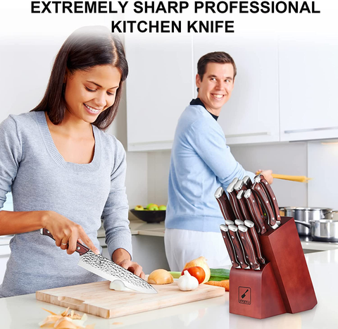 Image of Kitchen Knife Set,Imarku 16-Piece Knife Set with Block,Professional German Stainless Steel Knife Set with 6 Steak Knives and Knife Sharpener,Unique Hammered Design