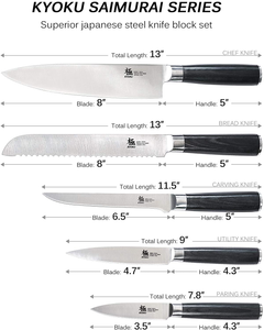 KYOKU 5-Knife Set with Block, 8” Chef Knife + 8” Bread Knife + 6.5” Carving Knife + 5” Utility Knife + 3.5” Paring Knife – Premium Japanese Steel Cutlery Kitchen Knives Set with Wooden Block