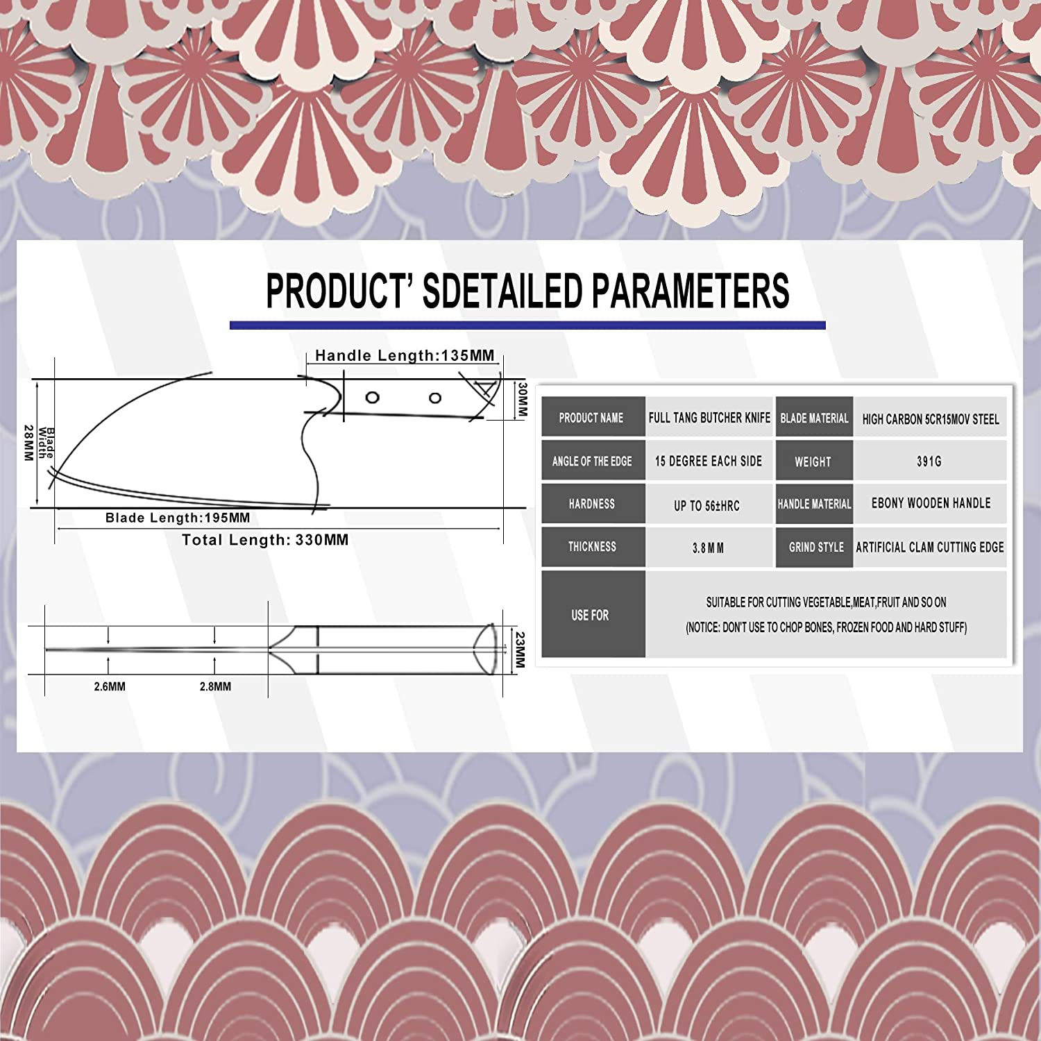 [Full Tang]Butcher Knife Handmade Forged Kitchen 8” Chef Knife Grandsharp Pro Razor Sharp Serbian Clad High Carbon Steel Vegetable Chopping Cutting Meat Cleaver with Leather Sheath-Ebony Wood Handle