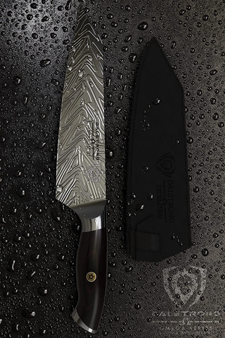 Image of DALSTRONG Kiritsuke Chef Knife - 8.5 Inch - Omega Series - American BD1N-VX Hyper Steel Kitchen Knife - Razor Sharp Knife - Acacia Wood Display Stand - Cooking Knife - Collection Set - Leather Sheath