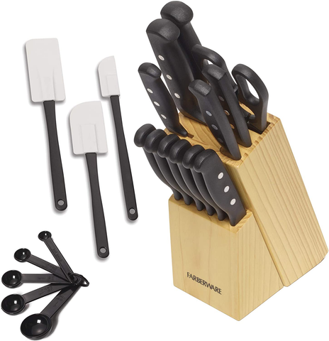 Image of Farberware 22-Piece Never Needs Sharpening Triple Rivet High-Carbon Stainless Steel Knife Block and Kitchen Tool Set, Black