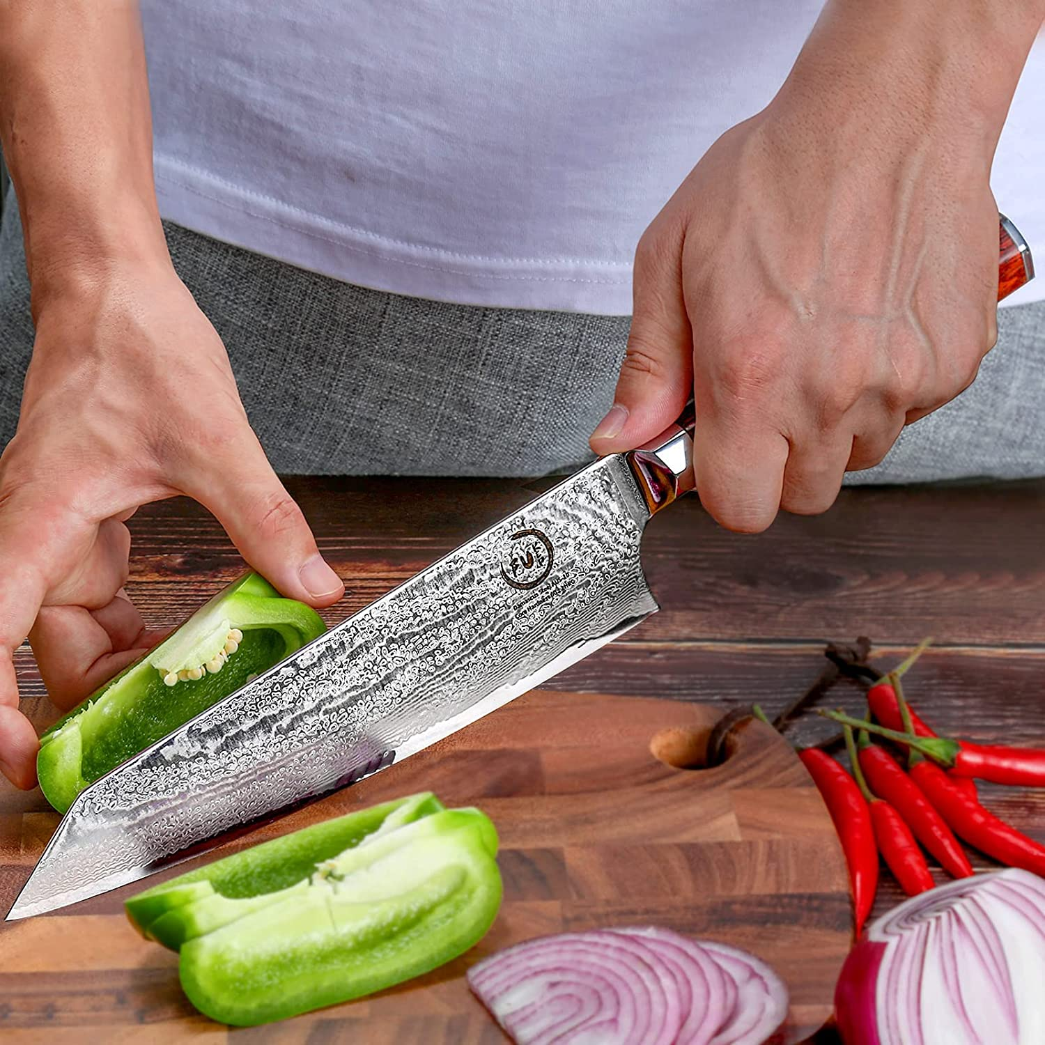 Chef Knife 8 Inch, Fukep Ultra Sharp Damascus Chef Knife AUS10 Core Steel 72 Layers High Carbon Steel Japanese Kitchen Knife Ergonomic Mahogany Handle Kitchen Gifts