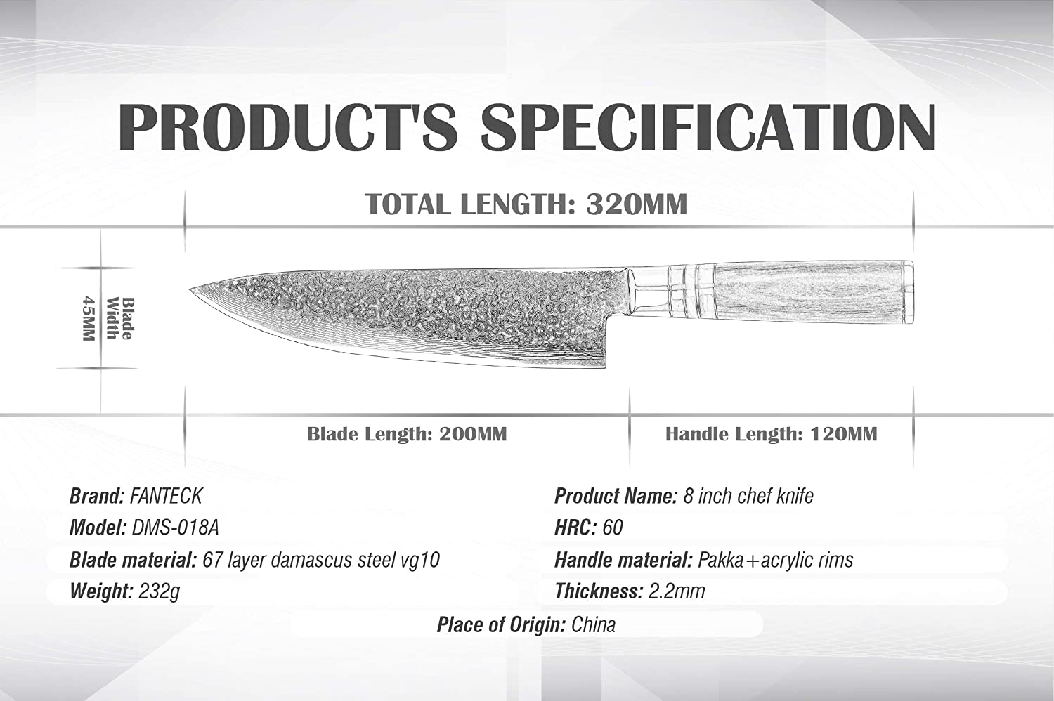 [8 Inch]Chef Knife,Fanteck Kitchen Knife VG10 Damascus Professional Sharp High Carbon Stainless Steel 67-Layer Meat Sushi Fruit Cutting Gyuto Chef Knife[Gift Box]Ergonomic Pakkawood Handle-Acrylic Rim