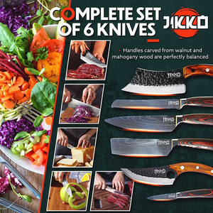 JIKKO New 67 Layers Carbon Steel Japanese Knife Set - Original Series - Kitchen Knife Set with Walnut and Mahogany Wood Handles - 6 Japanese Chef'S Knives with Exceptional Sharpness - HRC60 Approved