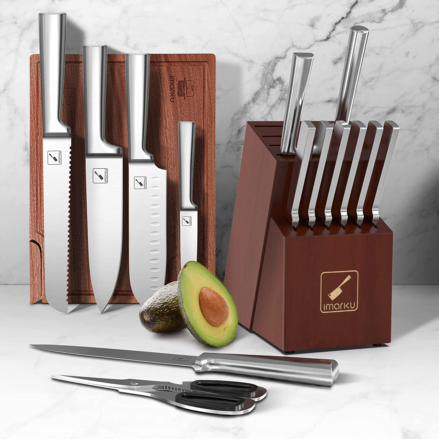 Kitchen Knife Set - Imarku 15 Pieces German Stainless Steel Kitchen Knife Block Set with Sharpener - Dishwasher Safe Kitchen Knives - Ultra Sharp Chef Knife Set for Kitchen with Block - Silver