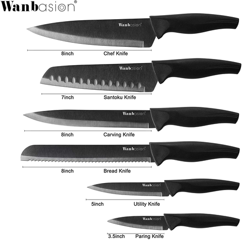 Image of Wanbasion Black Stainless Steel Knife Set, Sharp Kitchen Knife Set Professional, Kitchen Knife Set Dishwasher Safe for Cooking
