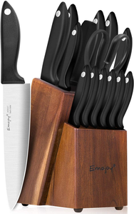 Knife Set 15-Piece Kitchen Knife Set with Sharpener Wooden Block and Serrated Steak Knives,Emojoy Germany High Carbon Stainless Steel Knife Block Set
