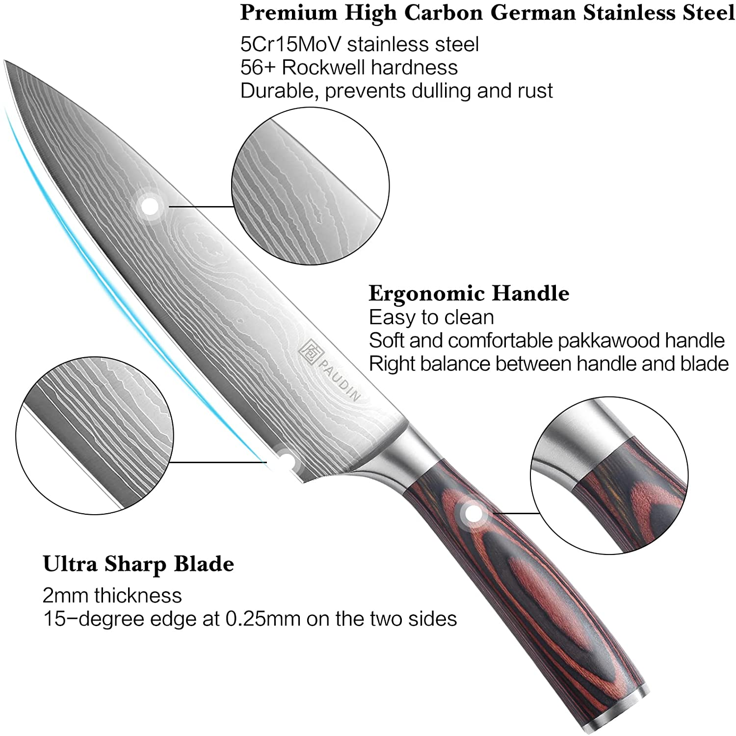 PAUDIN Kitchen Knife Set, Professional Chef Knife Set with Ultra Sharp Blade & Wooden Handle, 3 Pieces German High Carbon Stainless Steel Knife Set