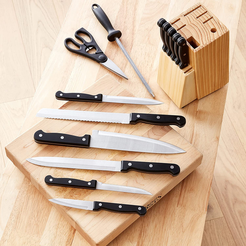 Image of Amazon Basics 14-Piece Kitchen Knife Block Set, High-Carbon Stainless Steel Blades with Pine Wood Knife Block