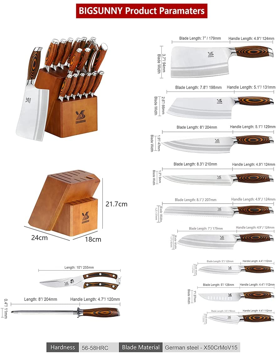 MSY BIGSUNNY Knife Block Set 17-Piece Knife Set with Wooden Block - German Steel Perfect Cutlery Set Gift