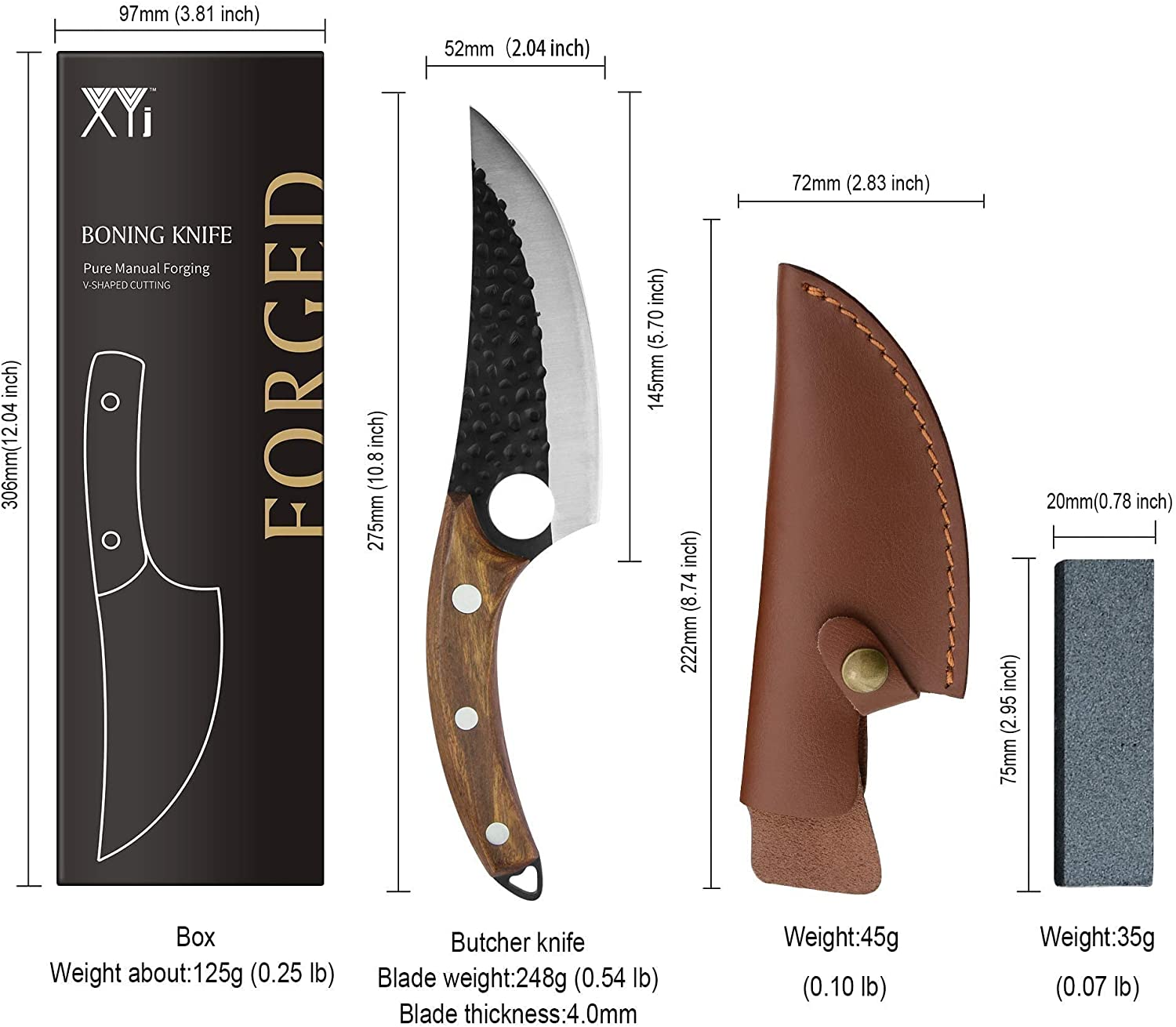 XYJ Full Tang Boning Knife Handmade Forged Butcher Knife Serbian Chef Knife Multi-Functional Cleaver with Leather Sheath for Kitchen Camping or BBQ