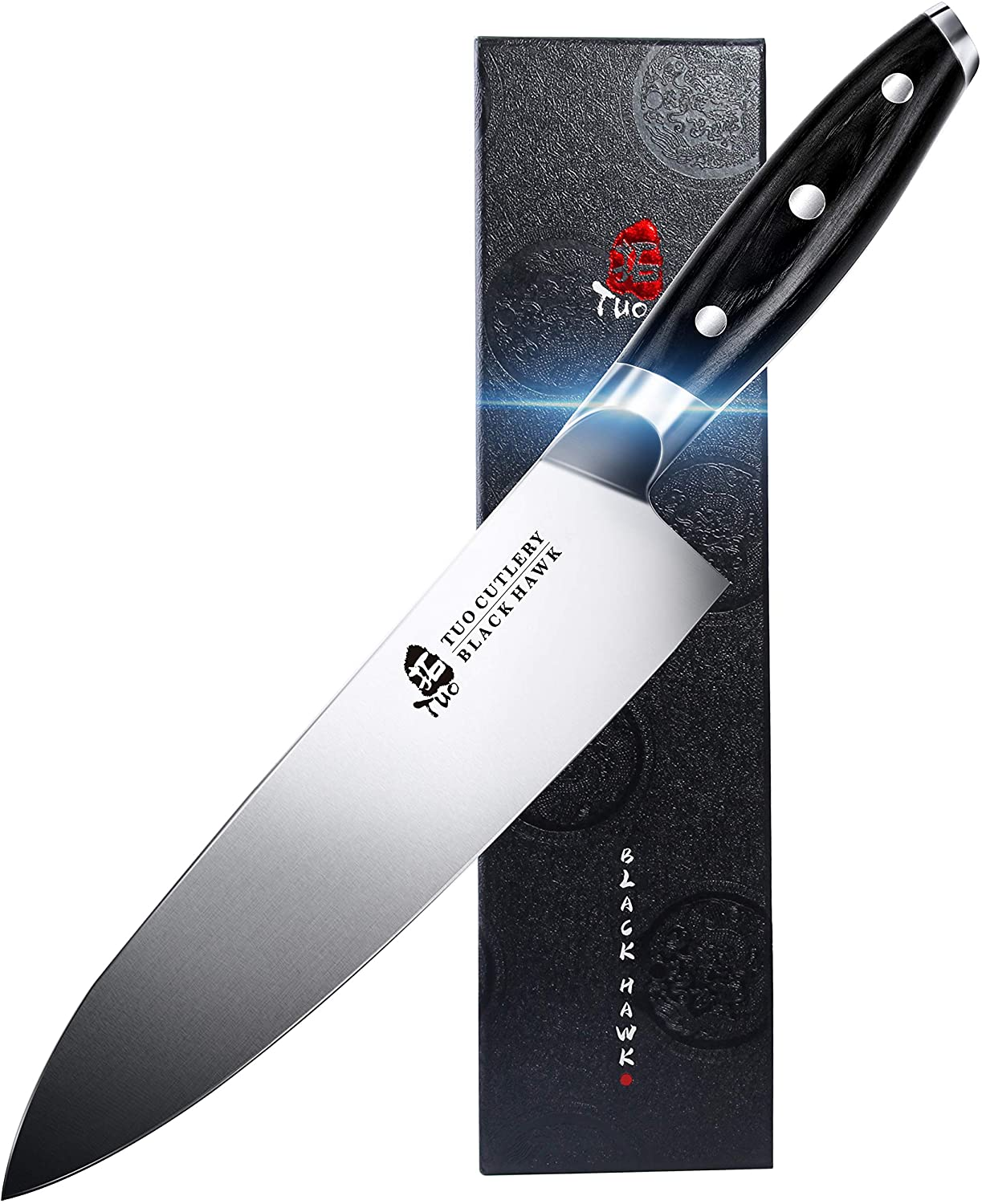 TUO Chef Knife - 8 Inch Kitchen Chefs Knives Professional Cooking Knife - German HC Steel - Full Tang Pakkawood Handle - BLACK HAWK SERIES with Gift Box
