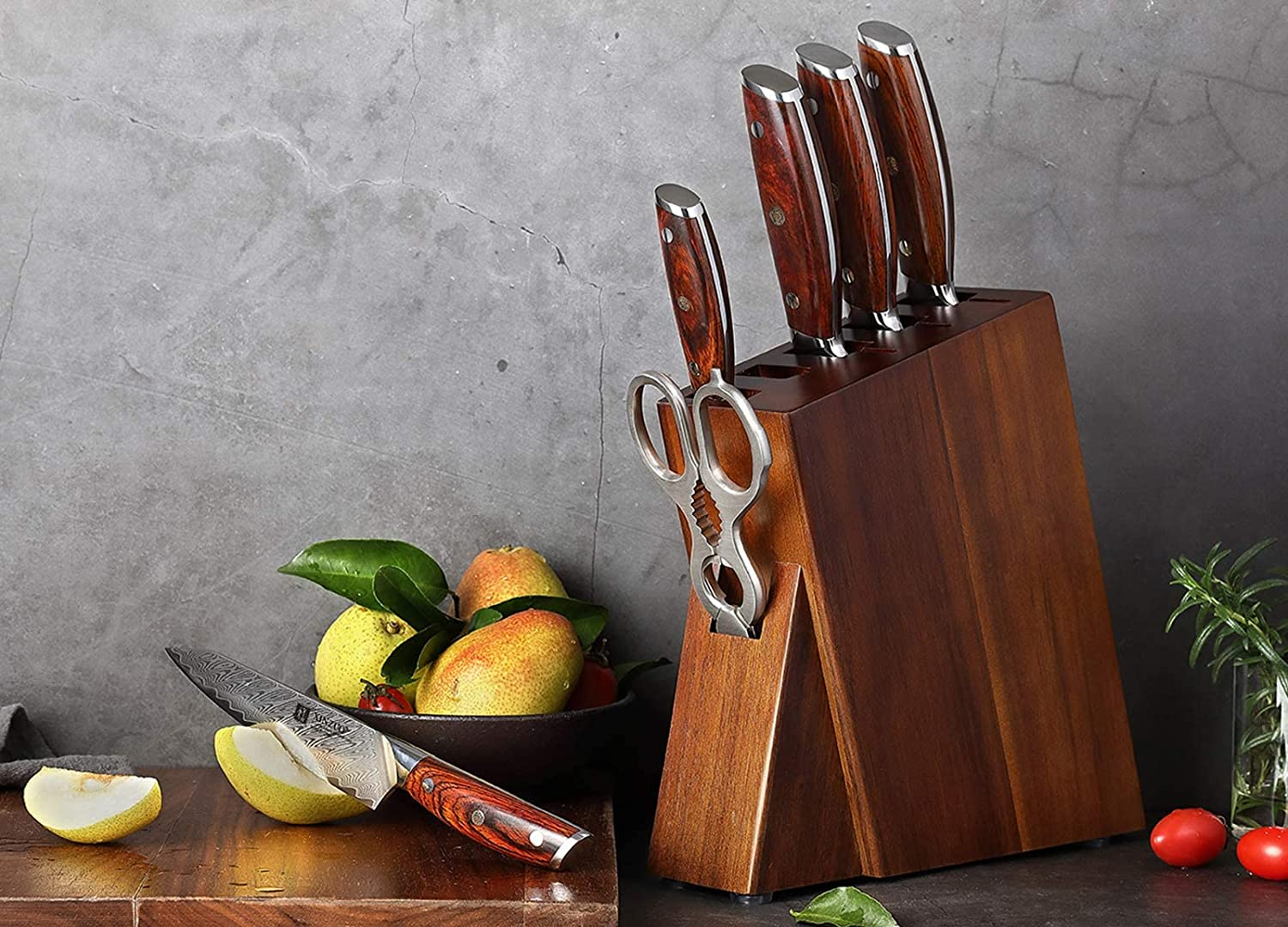 XINZUO 7PC Kitchen Knife Set with Block Wooden, Professional Damascus Steel Chef Knife Santoku Bread Utility Fruit Knife with Multifunctional Kitchen Shears,Ergonomic Rosewood Handle- Yi Series